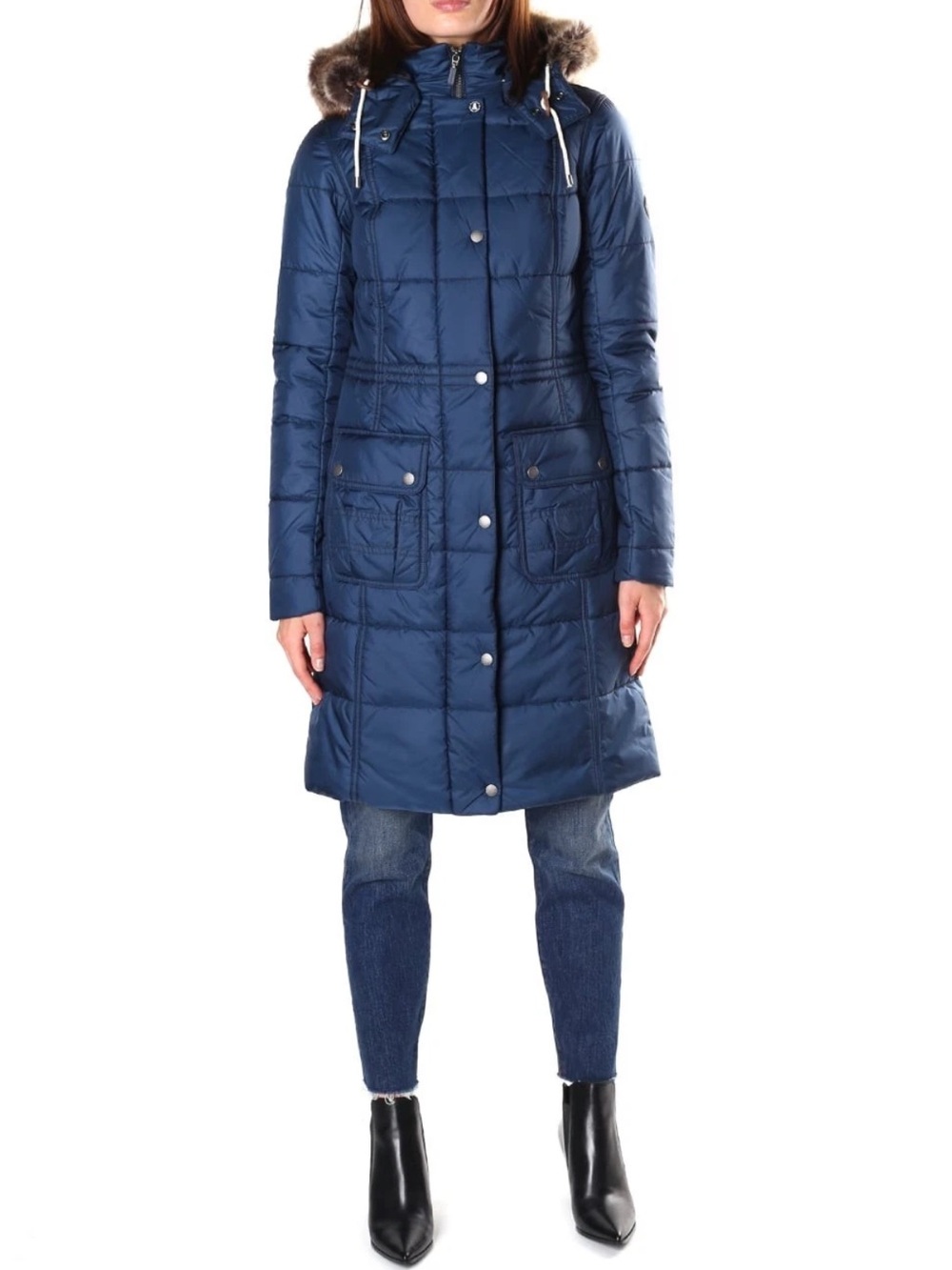 Barbour Icefield Quilt Hooded Fur Coat Jacket Navy Zip 6